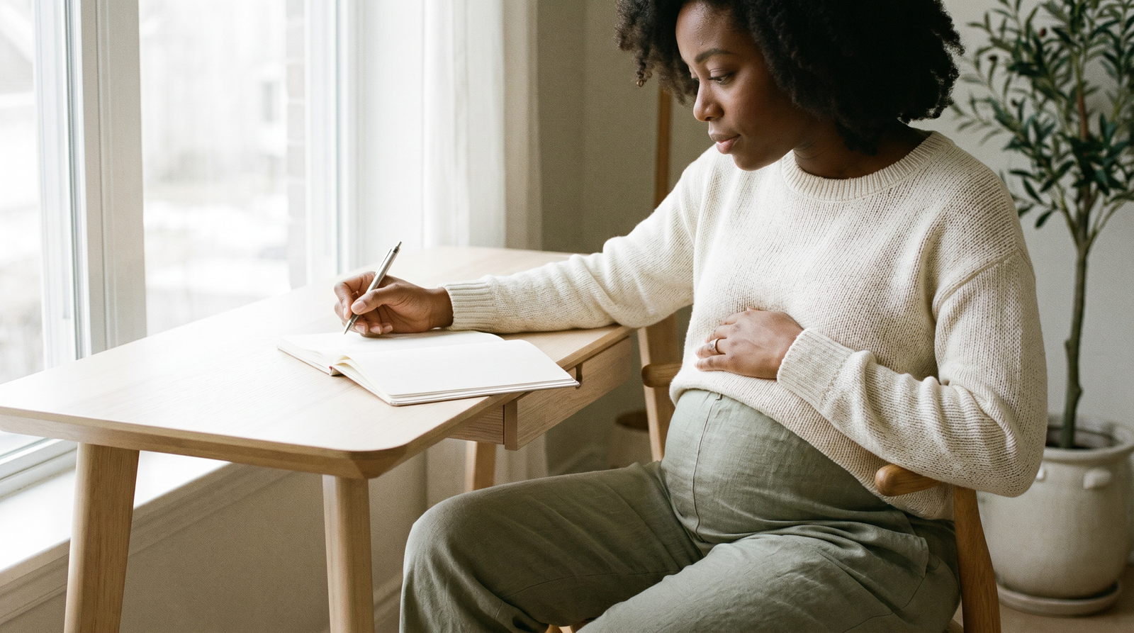 A pregnant woman journaling at a sunlit desk