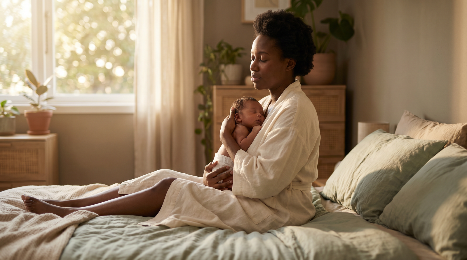 A mother in cream linen holding her newborn at golden hour