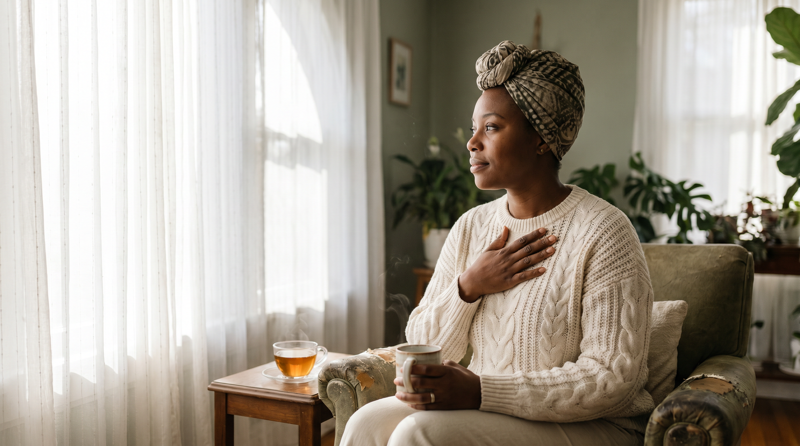 A mother sitting by a sunlit window in quiet reflection