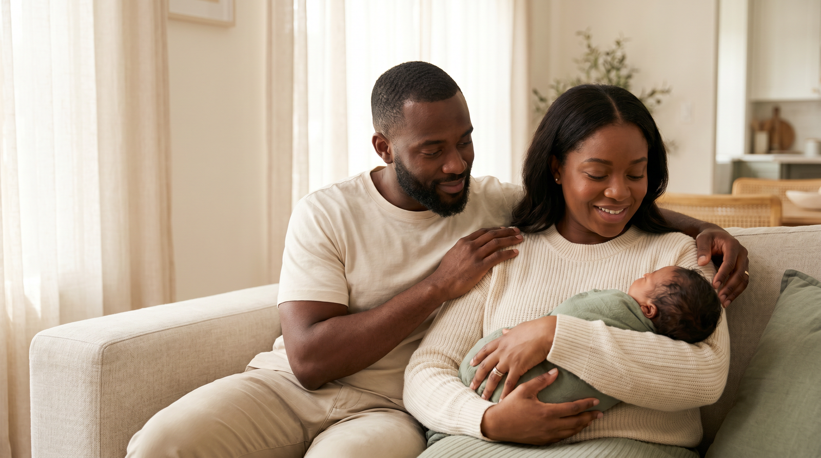 A father gently supporting his partner who is holding their newborn