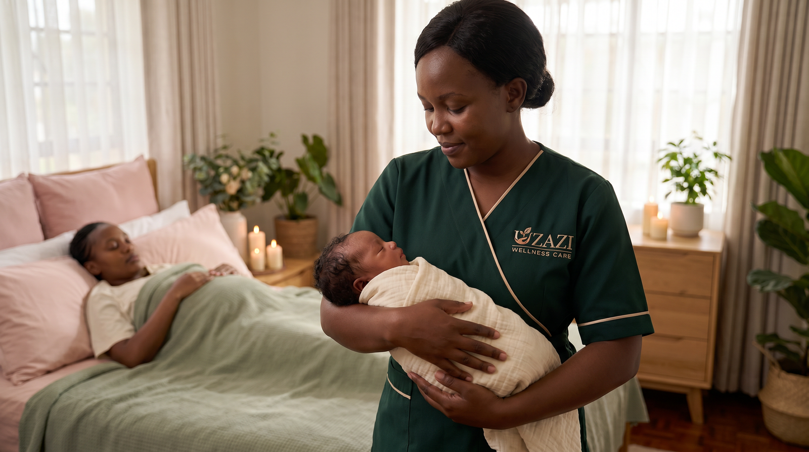 Uzazi caregiver holding a newborn while the mother rests in the background