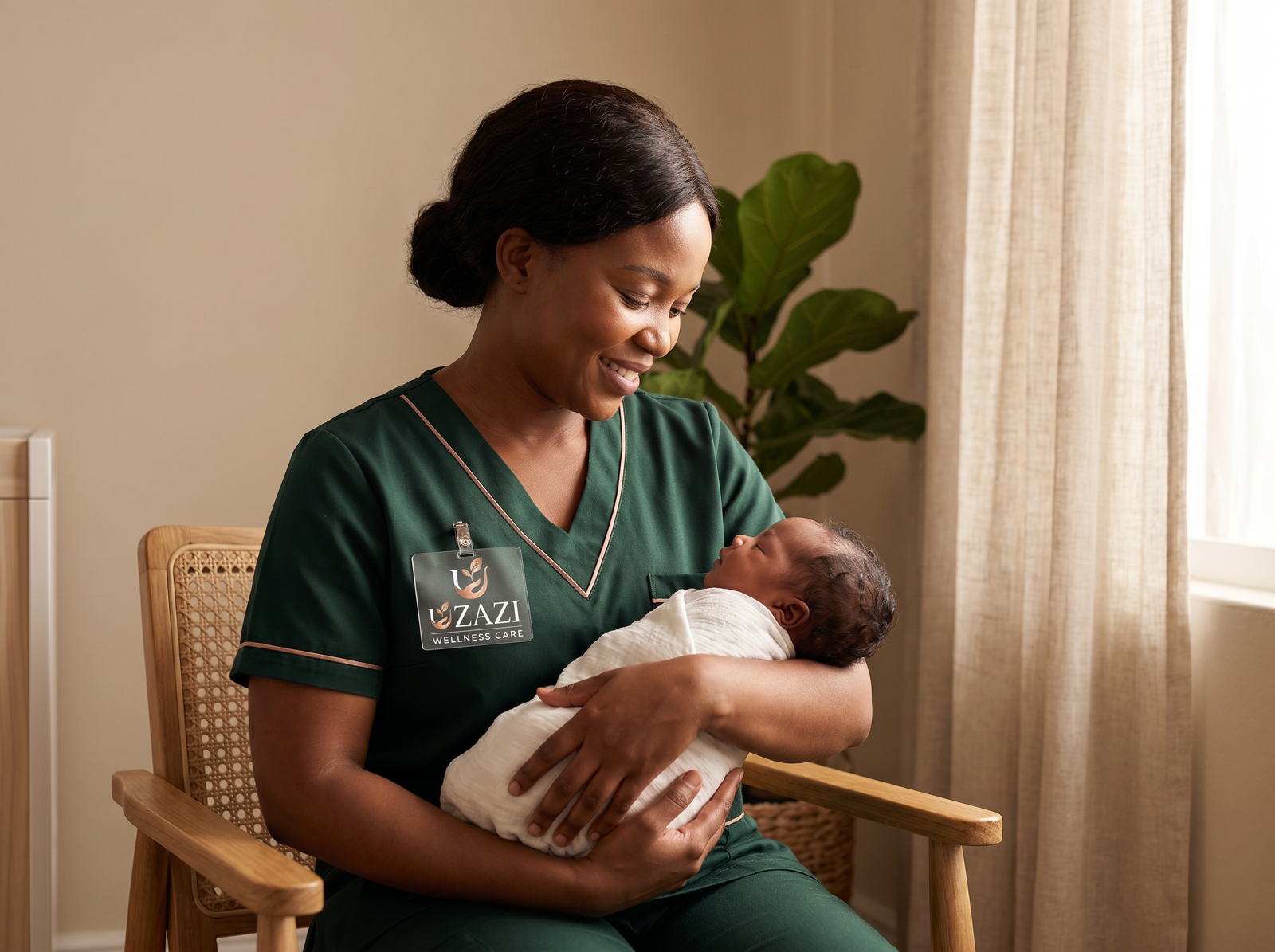 Uzazi Wellness Care caregiver gently holding a newborn
